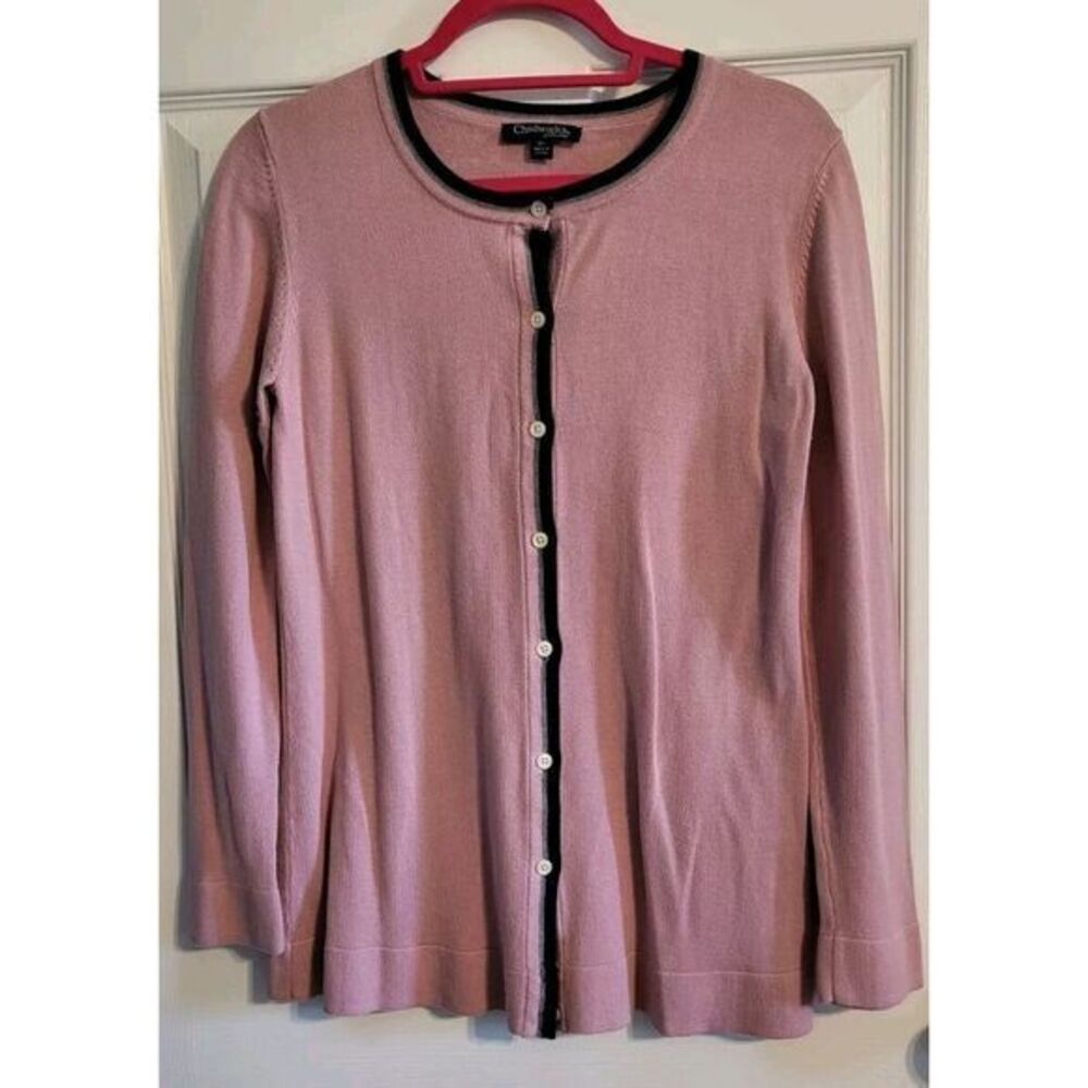 Chadwicks Cardigan Womens MT Pink  Cotton Blend Black Trim Long‎ Sleeve Preppy